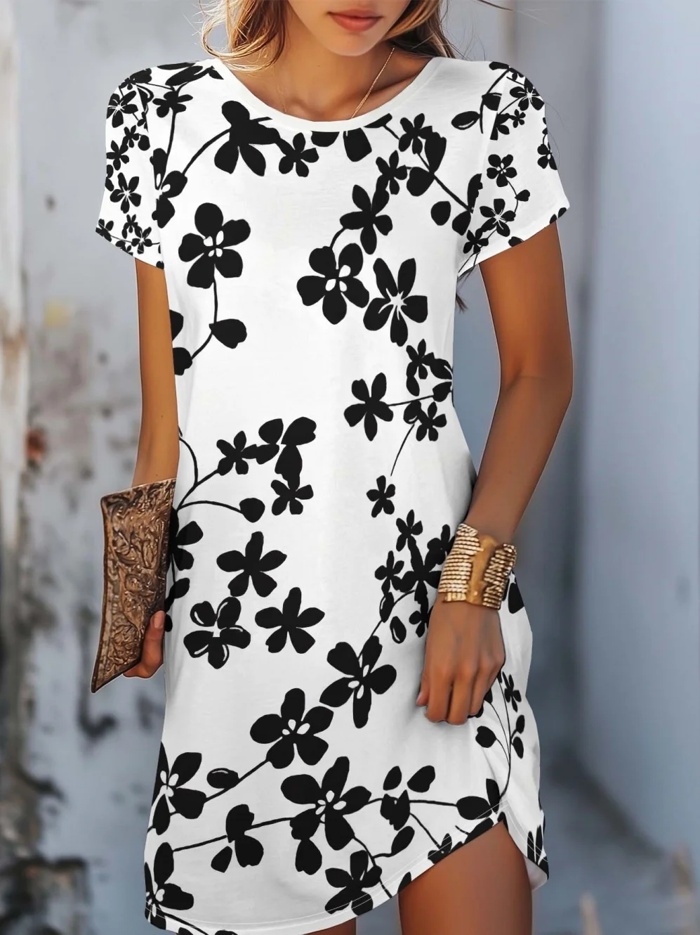 Elegant Floral Pattern Women's Clothing Street Fashion Short Sleeve Dess Shoulder Round Neck Design Women's Summer Dresses 2026