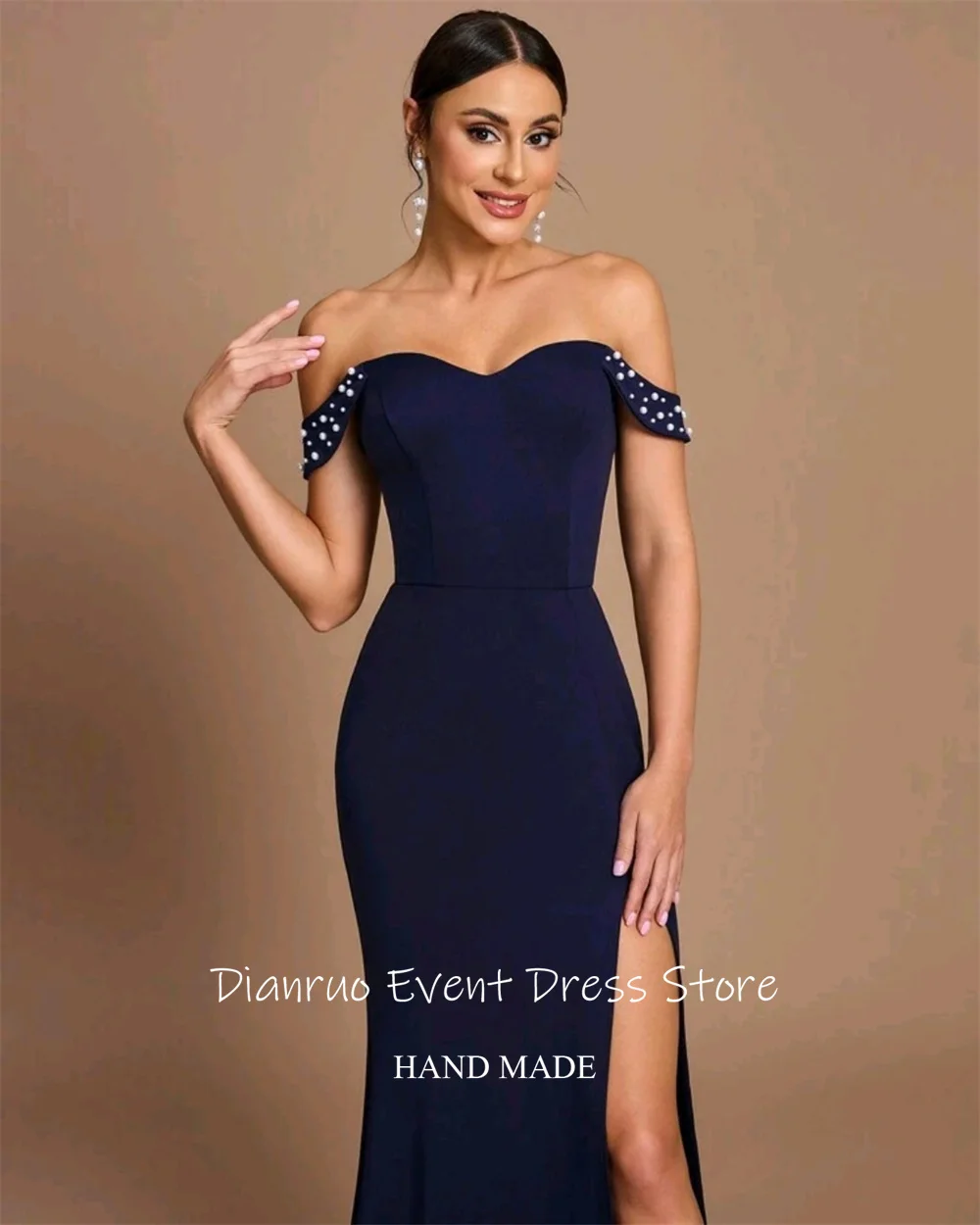 Dianruo azul marinho vestidos de noite vintage fora do ombro vestido de festa alças frisadas vestido de fenda lateral para mulher 2025 personalizado