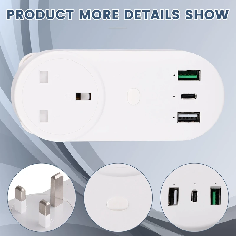 Smart Socket Wifi Plug 16A 2-Hole USB+Type-C Outlets 65W Remote Control Compatible Alexa UK Plug