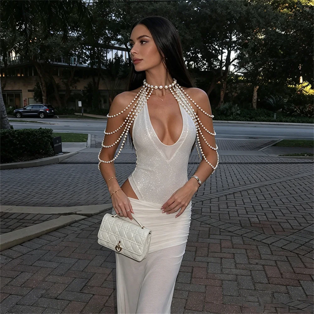 Fashion Luxury Multi Layer Pearl Body Chain For Women Sexy Shoulder Necklace Tassel Jewelry Wedding Party Dress Accessories