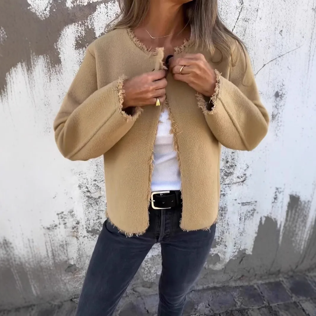 Frauen Wolle Mäntel Blends Jacken Rundhals Volle Hülse Mantel Dicke Warme Y2k Streetwear Jacke Elegante Oberbekleidung Herbst Winter