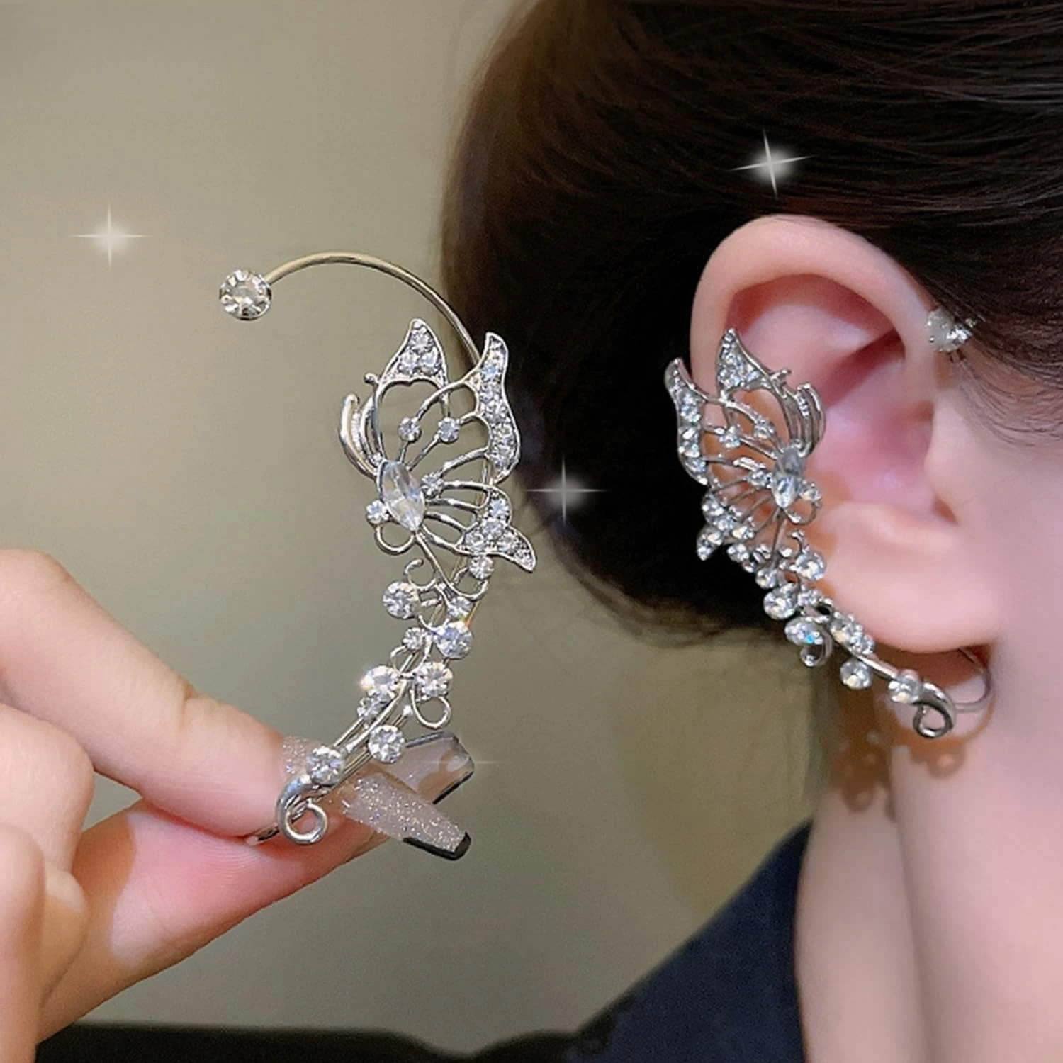 2PCS Butterfly Flowers Ear Cuffs Earrings Non-Pierced Sparkle Crystal Butterfly Tassel Chain Earrings Jewelry for Women