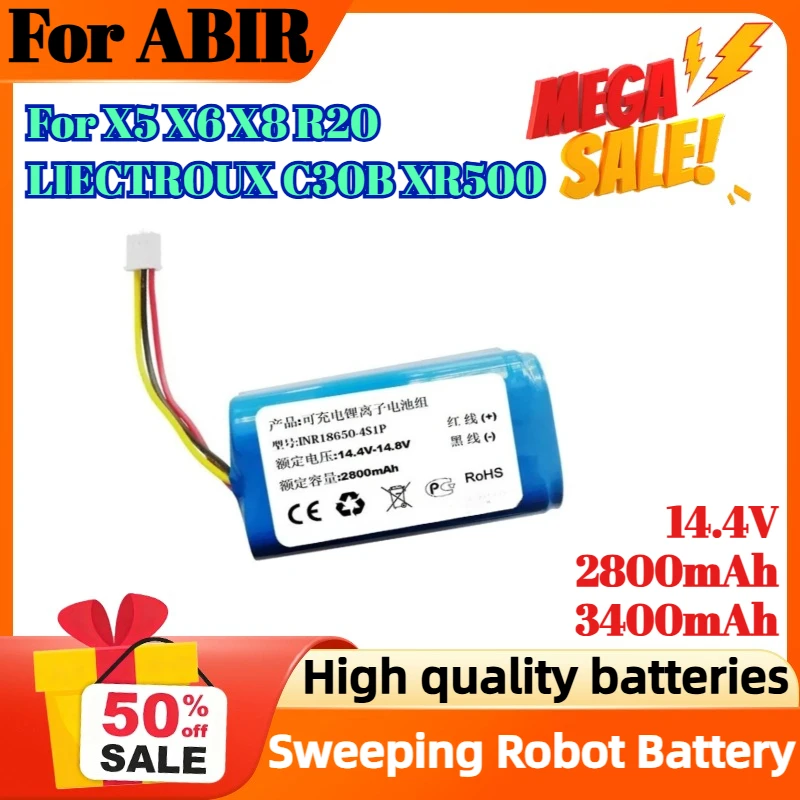 

14.4V 2800mAh 3400mAh Rechargeable Battery for ABIR X5 X6 X8 R20 LIECTROUX C30B XR500 Robot Sweeping Robot Battery