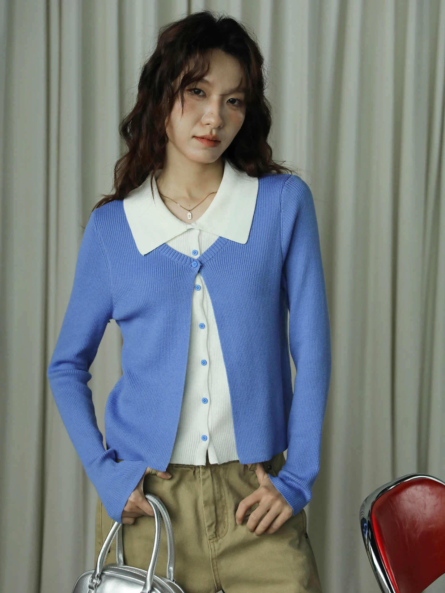 

Korean Sle Knitted Open Cardigan Women's Light Blue Collar Button Versatile Sweater Thin Outerwear Long Sve Simple Sle
