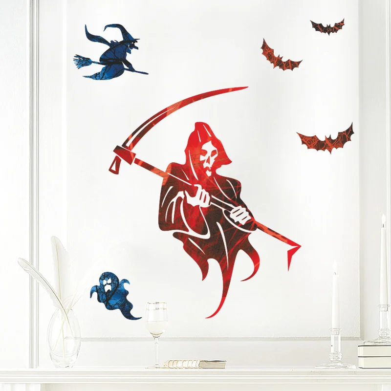 Skeleton Witch Ghost Bat Pattern Halloween Theme Wall Art Stickers For Shop Home Decoration Diy Festival Window Decal Pvc Poster