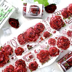 Cinta adhesiva de rosas rojas para decoración de diario, cinta de mascotas, Estética de flores, álbum de recortes, materiales para hacer tarjetas, diario, Collage, 2m por rollo