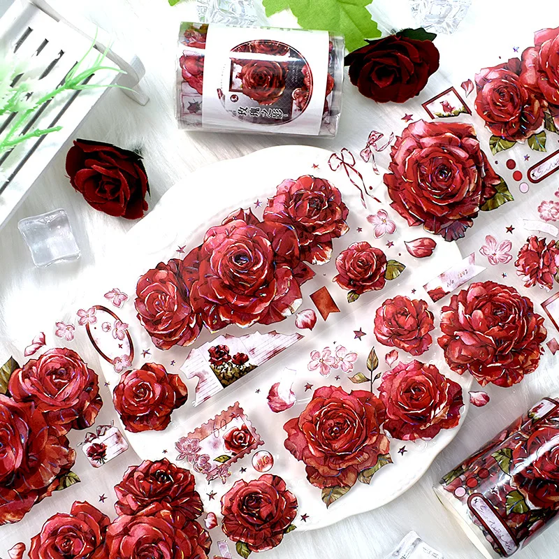 2m/Roll Red Rose PET Tape Flower Aesthetic Scrapbooking Sticker Materials Card Making Journal Collage Tape Diary Decoration