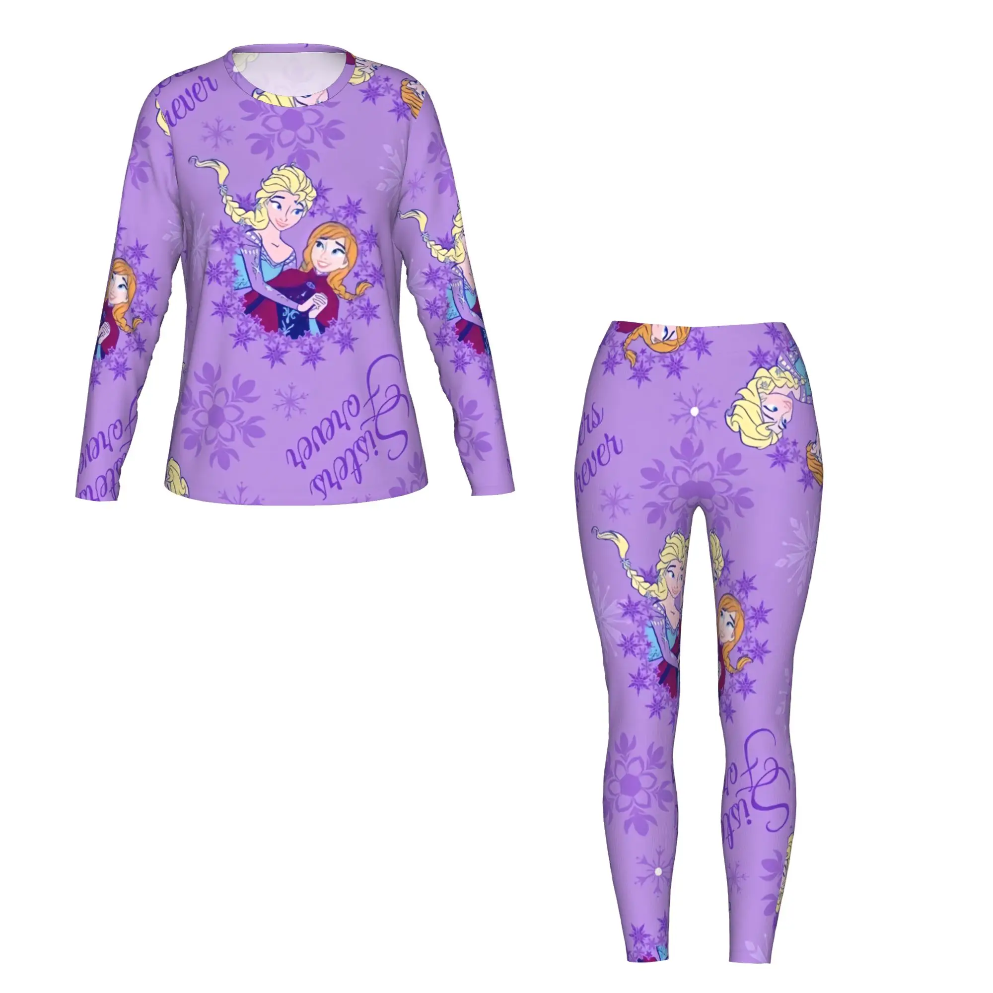 Замороженный комплект из 2 предметов с милым принтом, женская футболка с длинными рукавами, леггинсы, подходящий для домашнего путешествия, фитнеса и т. д.