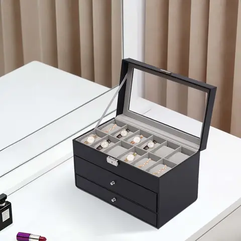 3-Tier Black Tabletop Storage Box 12 Watch Slots 6 Sunglasses Compartments 7 Jewelry Compartments Velvet Lined Glass Top Organizer With Metal Lock For Watches Eyeglasses Rings Bracelets Gift