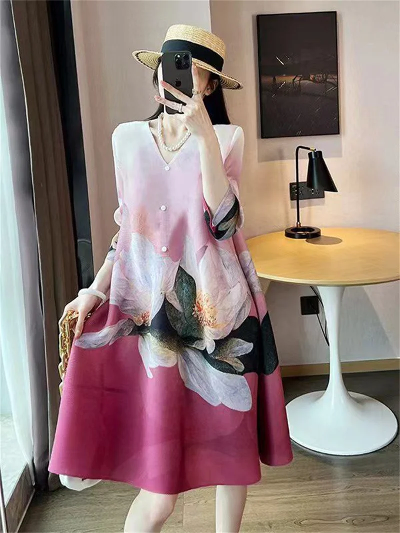 Evening Dresses Womens Dresses Fold Plus Size Women's Print Dress in Long Spring and Summer Loose High-end Skirt Temperament