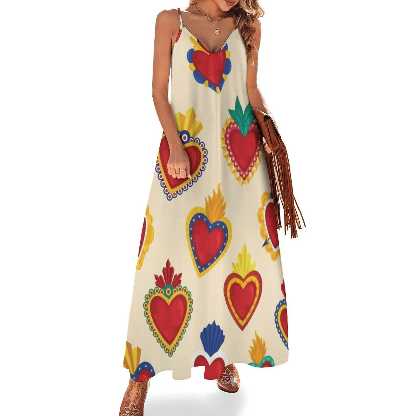 

Mexican Sacred Hearts Pattern / Beige Background by Akbaly Sleeveless Dress party dresses woman beach outfits for women Dress