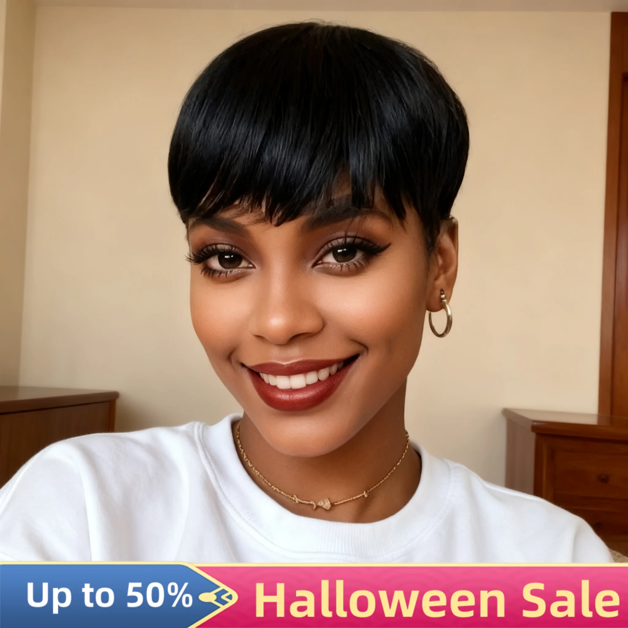 Chic Elegent Human Hair Pixie Cut Full Machine Made Wigs for Women