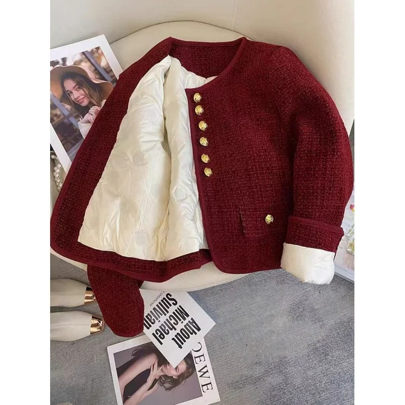 

Винтажные твидовые куртки для женщин 2024, зимняя одежда, модные пуховые пальто с круглым вырезом, Ropa Mujer, утепленная теплая верхняя одежда, корейские топы для женщин