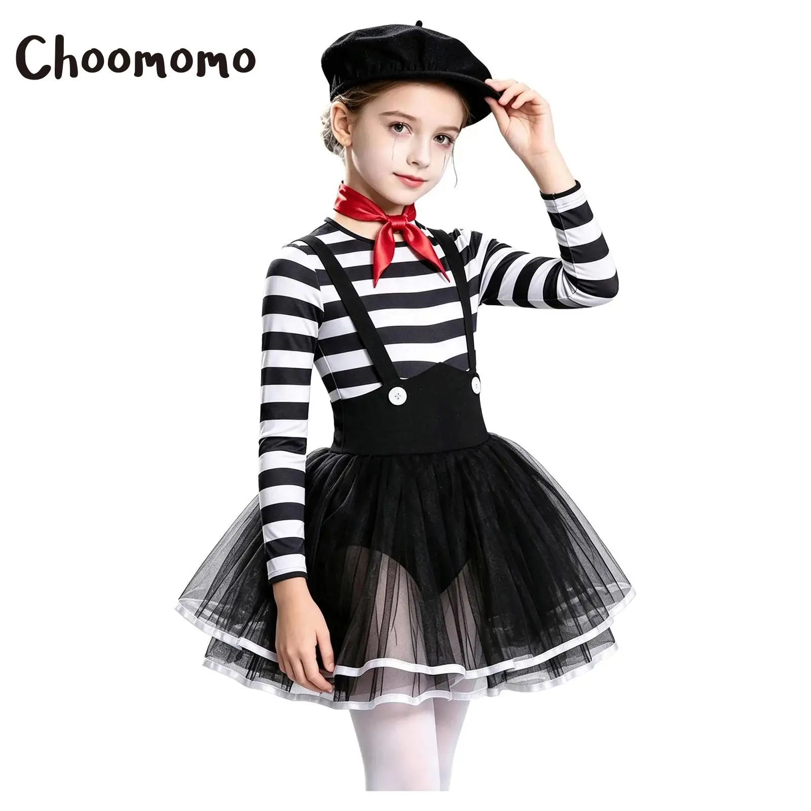 Girls Clown Costume Outfit Ballet Leotard Dress Long Sleeve Layered Ruffled Tutu Skirt Hats Neck Scarf Halloween Cosplay Party