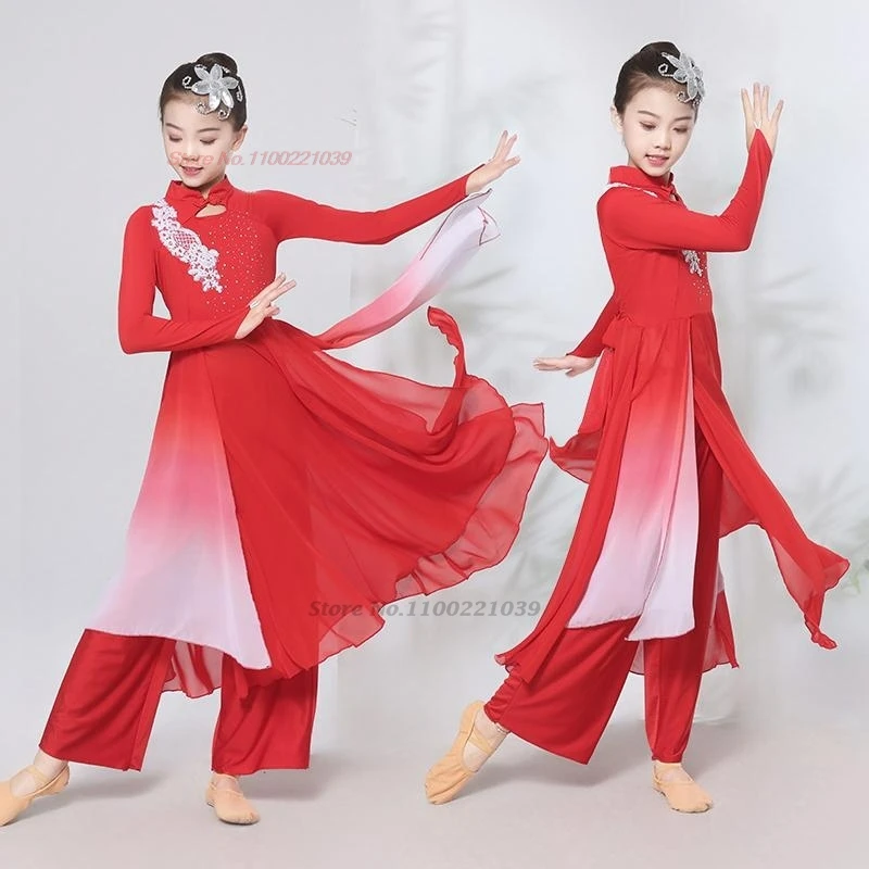 

2026 китайское детское танцевальное платье с цветочной вышивкой, топ Ципао + брюки, комплект, традиционный шифоновый Cheongsam, сценический костюм