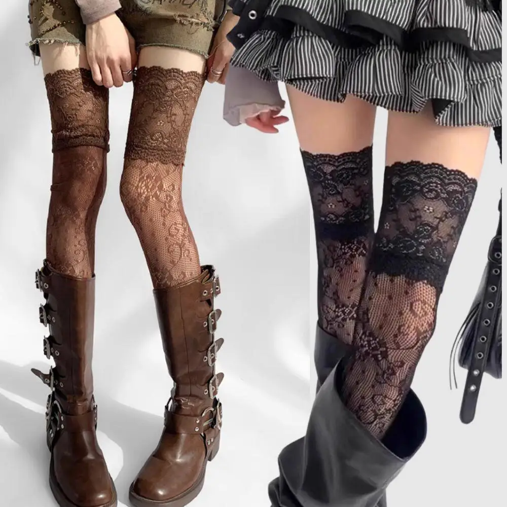 Women Socks Autumn/Summer Solid Color Thigh High Lace Stockings Women Over The Knee Stockings Lolita Girls Long Leg Boot Socks