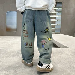 Spring Autumn New Childrens Boys Graffiti Jeans Cartoon Printed Stretch Loose Versatile Baby Boys Pants Kids Boys Denim Pants