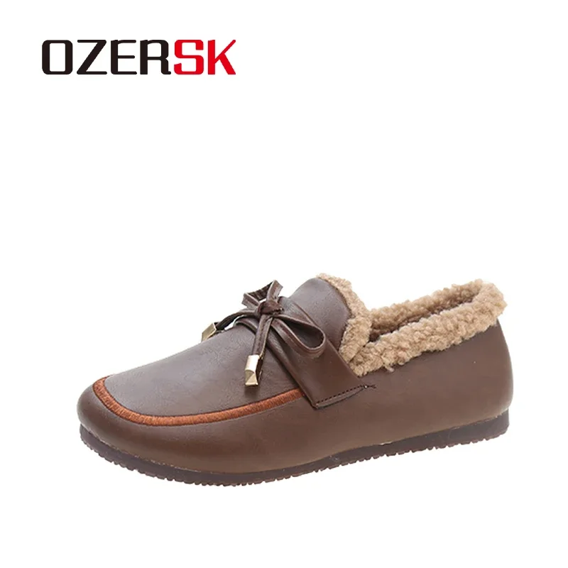 OZERSK Fashion Casual PU Leather Warm Fur Winter Outdoor Slip On Comfortable Slip On Plush Versatile Flats Shoes For Women