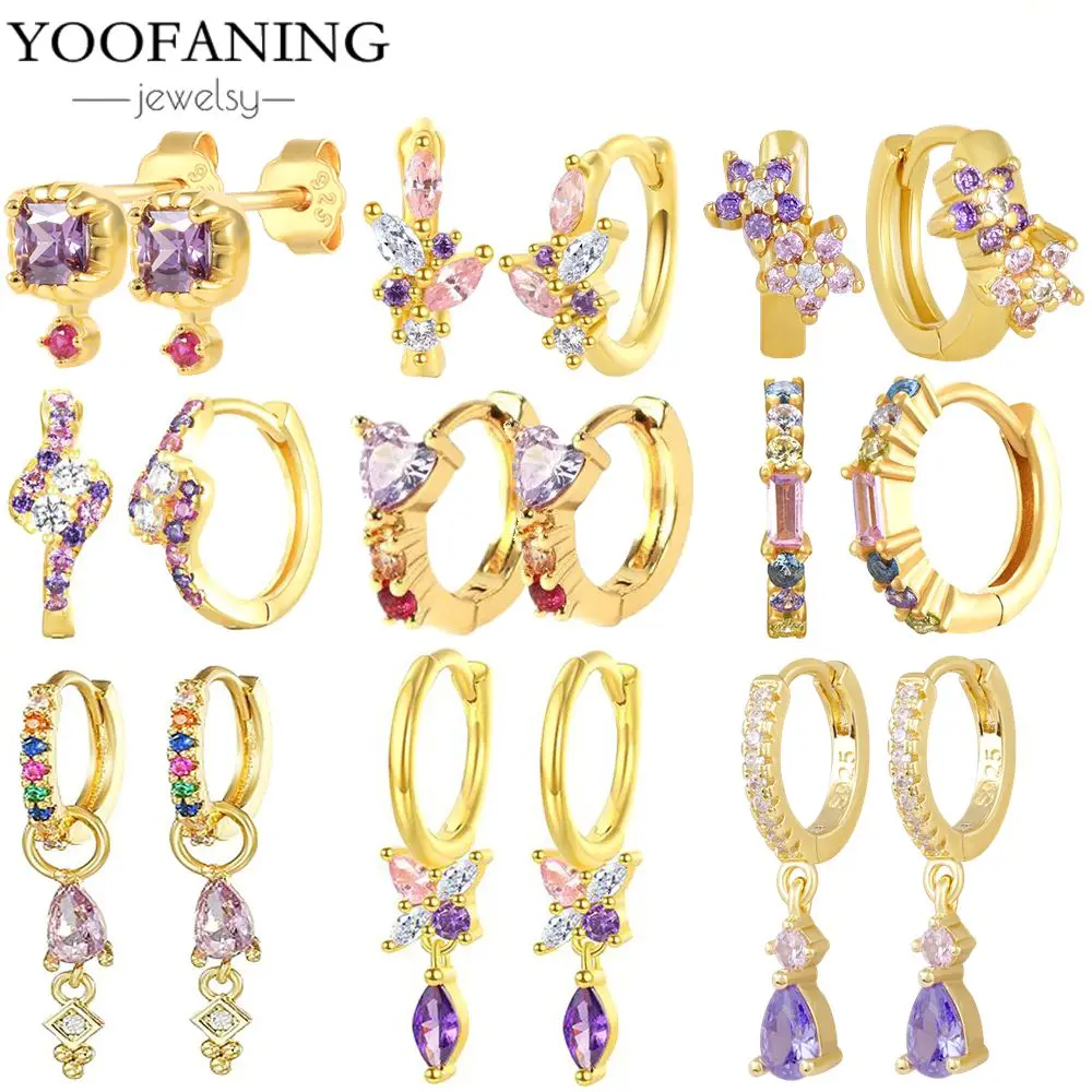 Exquisite 925 Silver Earrings Premium Purple Sea Blue Buckle Women's Earrings  Floral Tassel Crystal Perforated Earrings Jewelry