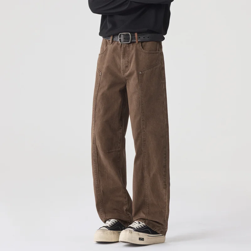 

Джинсы мужские осенние новые, повседневные, из чистого хлопка, с широкими штанинами, в рабочем стиле, с оригинальным дизайном, из утолщенного бамбукового денима, с наклонными элементами