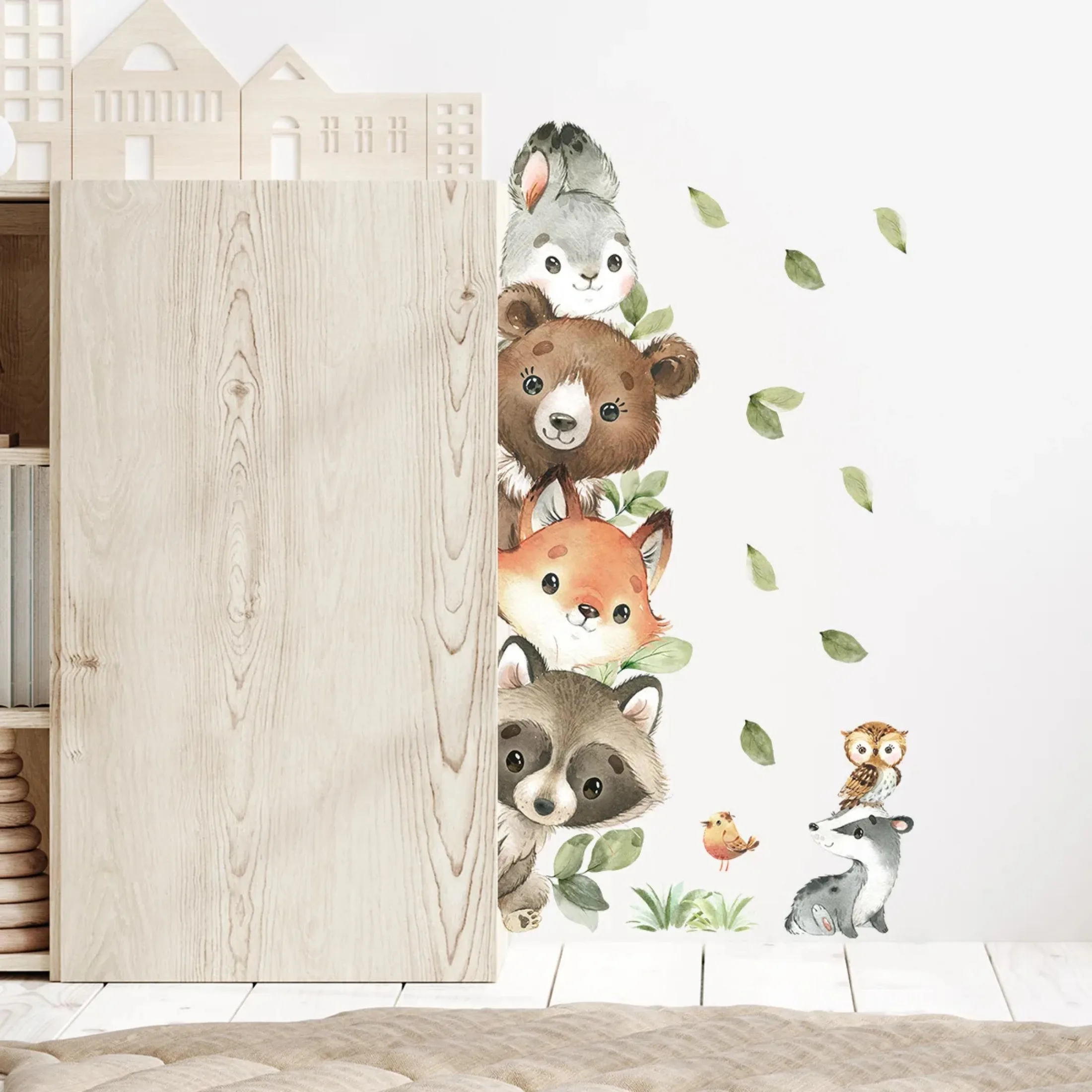 Cartoon Door Stickers Forest Animals Bear Rabbit Watercolor Wall Sticker for Baby Nursery Room Kids Room Wall Decals Home Decor