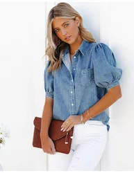 Women's Summer Puff Short Sleev Princess Sleeved Lapel Thin Denim Shirt Relaxed Casual Fashion Top Hipster Girl 2024 Y2k Top