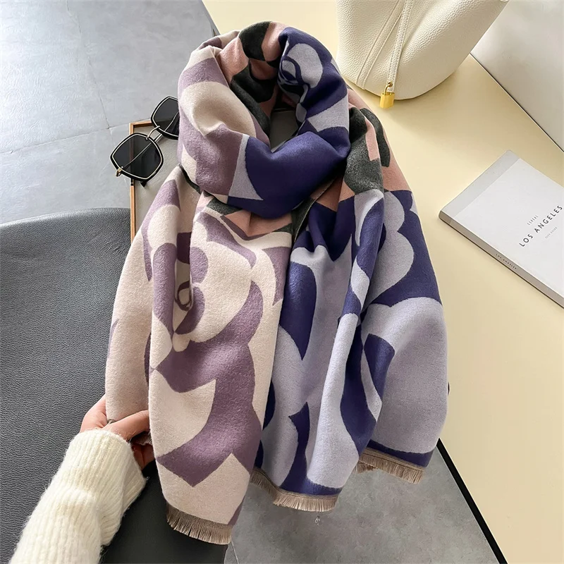 Luxury Brand Cashmere Women Floral Scarf Winter Warm Shawl and Wrap Bandana Pashmina Female Foulard Square Thick Blanket Poncho