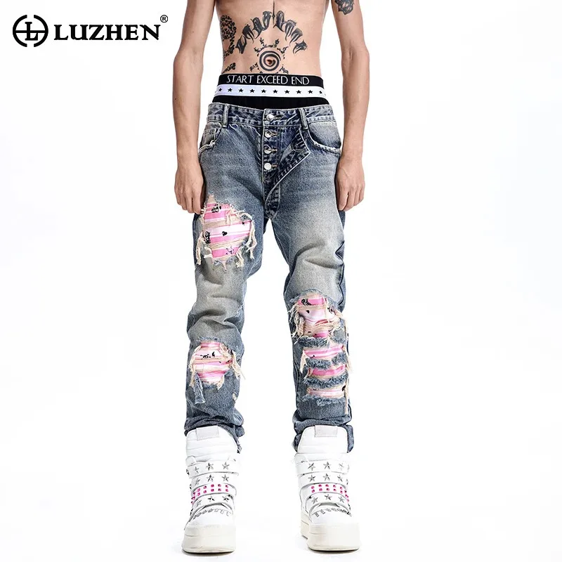 LUZHEN 2026 New Trendy Original Broken Hole Patched Design Slim Fit Denim Pants Men's Handsome Streetwear Straight Jeans JY9342