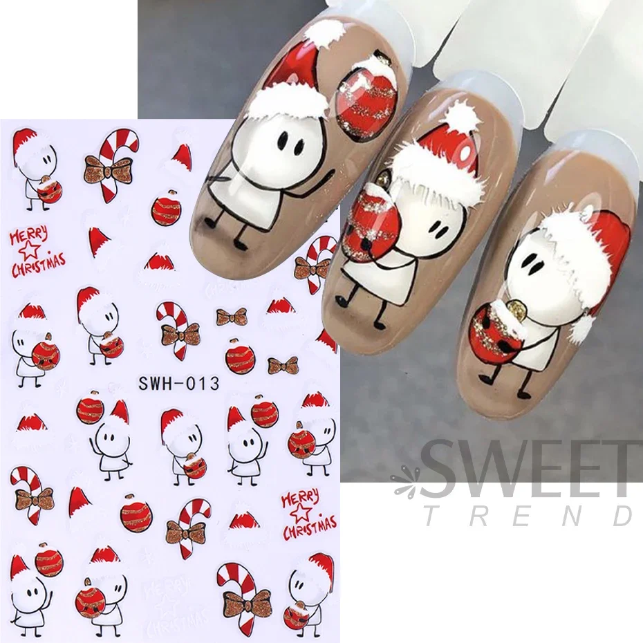 3D Gold Glitter Christmas Cow Nail Stickers Valentine\'s Day Cartoon Red Lantern Character Candy Cane Fireworks Doll Winter Tips