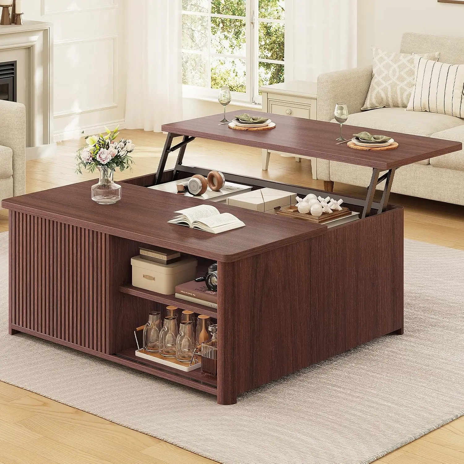 

Lift Top Coffee Table with Large Hidden Storage & Adjustable Shelves, Square Fluted Table for Living Room, Walnut, Customized