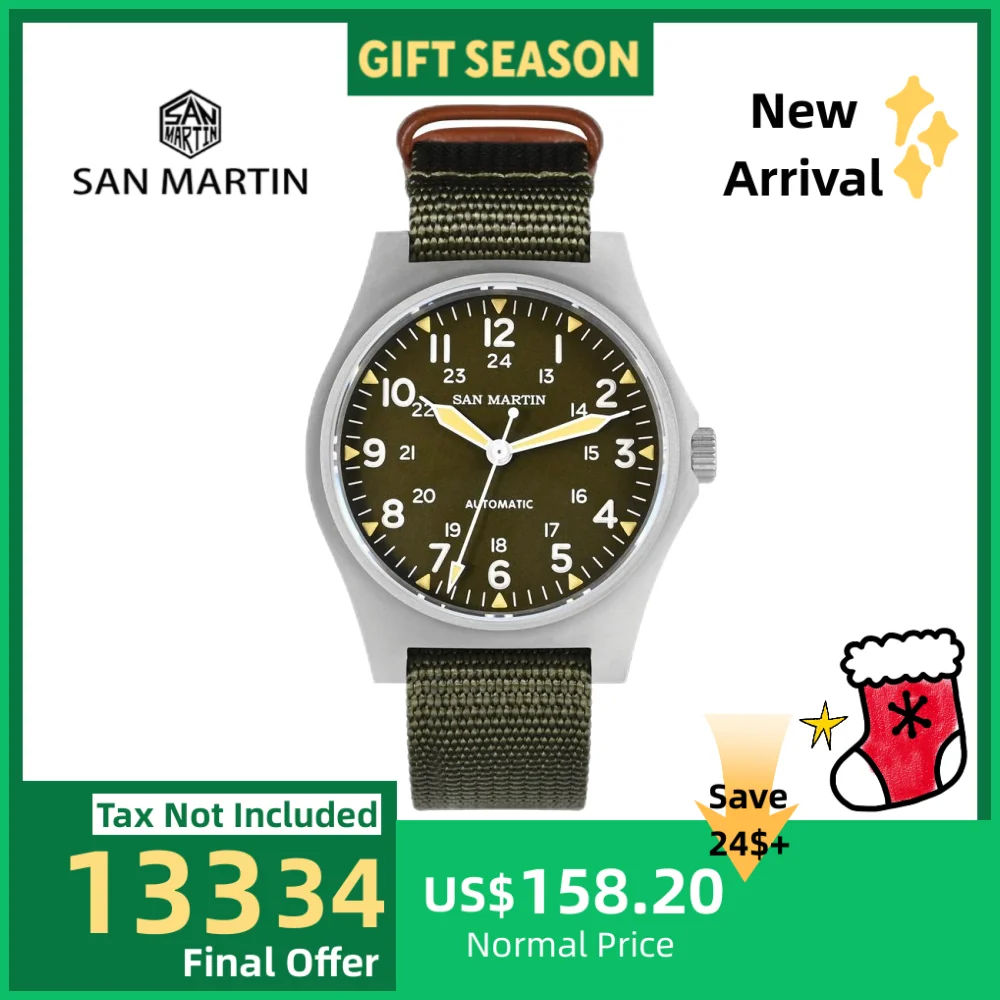 San Martin 38mm NH35 Field Automatic Watches For Men Wrist Watch Clock Mechanical Simple Pilot Waterproof 10ATM Montre SN0137