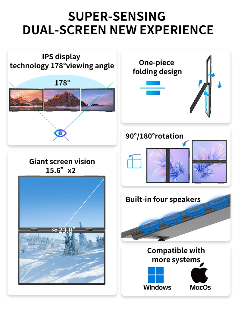 15.6-inch Laptop Screen Extender - Dual Monitor Stackable Foldable Triple Monitor (Win/Mac Compatible) - 1080P Portable Monitor