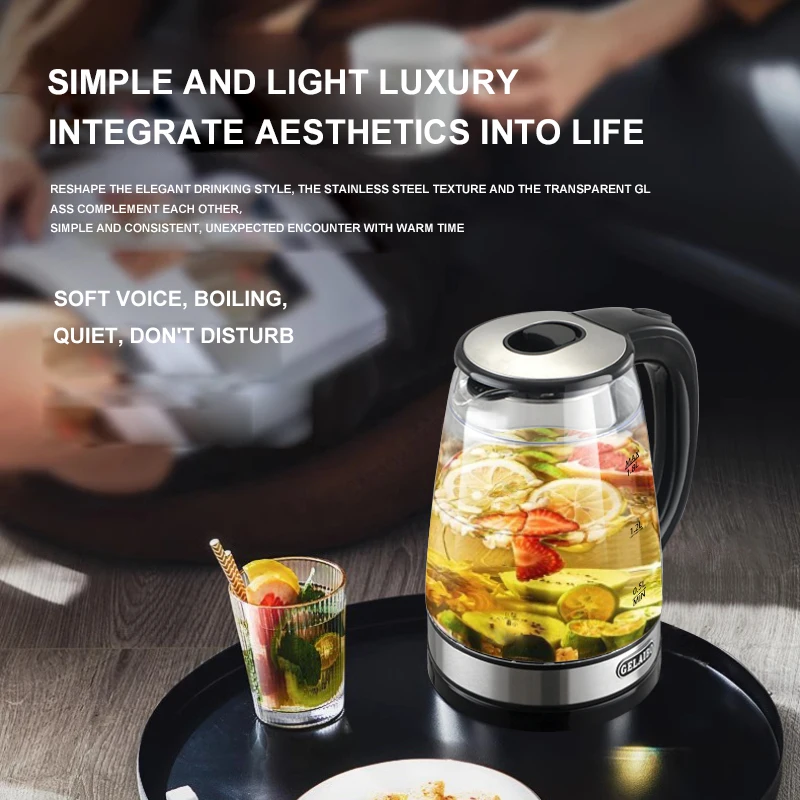 غلاية كهربائية من الزجاج الأزرق من GELAIBO، جودة رائعة، مقاومة لدرجات الحرارة العالية، طبقة مزدوجة مضادة للحرق، متكاملة