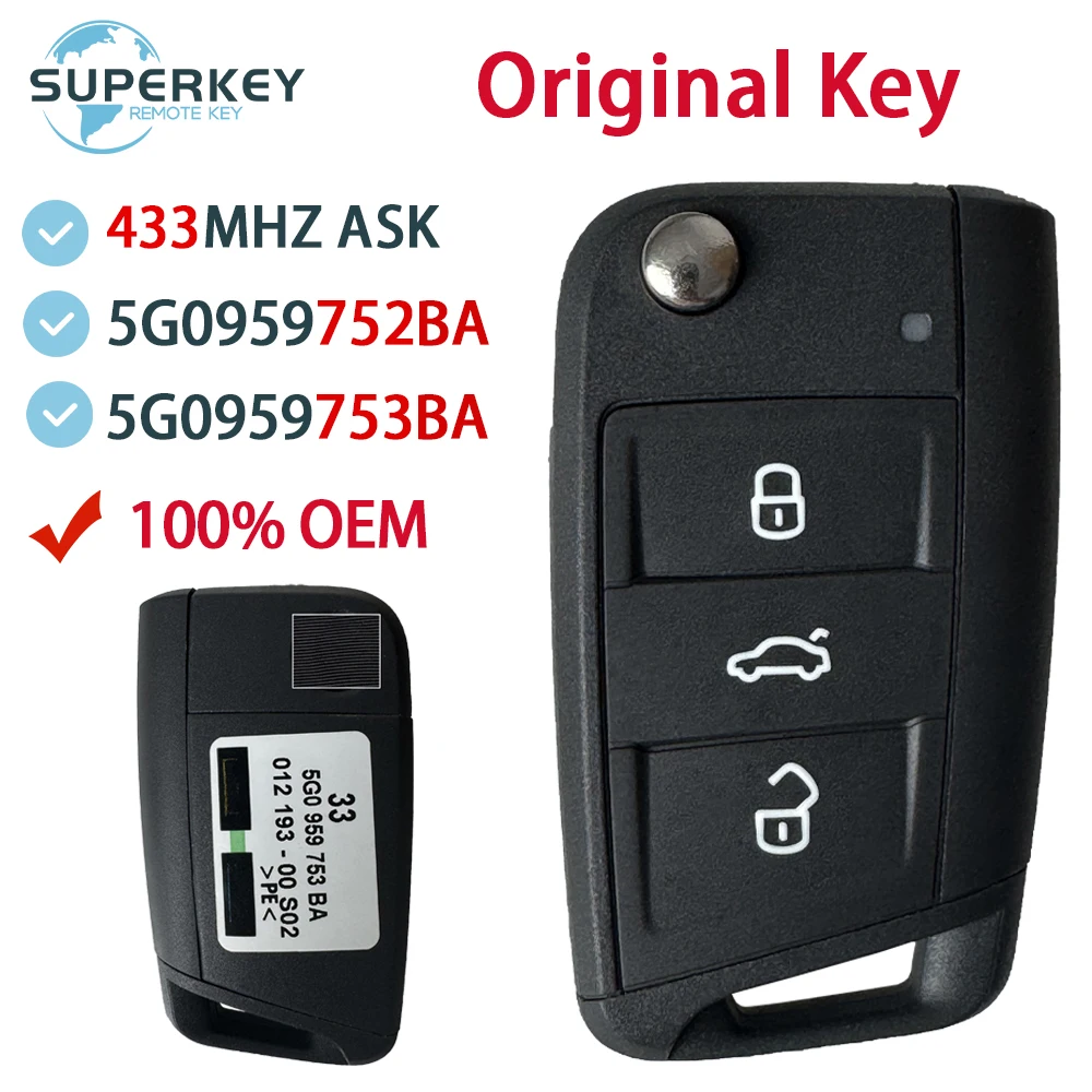 Original For Volkswagen VW Golf 7 For Skoda Octavia A7 Half Keyless 434MHz MQB48 Remote Car Key Fob 5G0959753BA 5G0959752BA