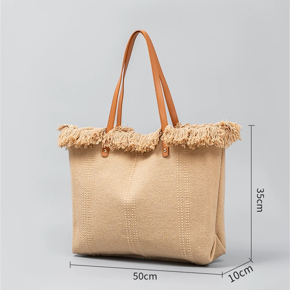 Large Capacity Tassel Shoulder Bag Women's Canvas Tote Bags Eco Solid Color Pu Shoulder Shopping Bag Summer Beach Cloth Bag 2024