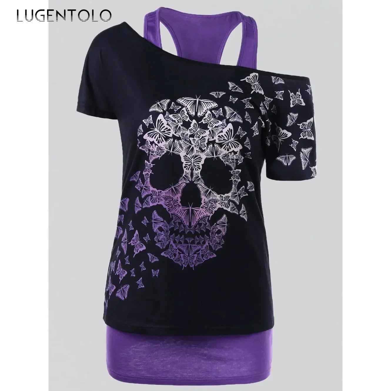 Women Skull Print Racerback Tank Fashion Diagonal Collar Vest Summer Short Sleeve Top Casual Large Pullover Tees Available 5XL