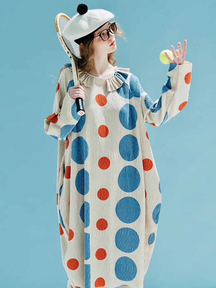 

Imakokoni's original design round neck pullover long sleeve dress polka dot medium length casual loose blue dress 234020