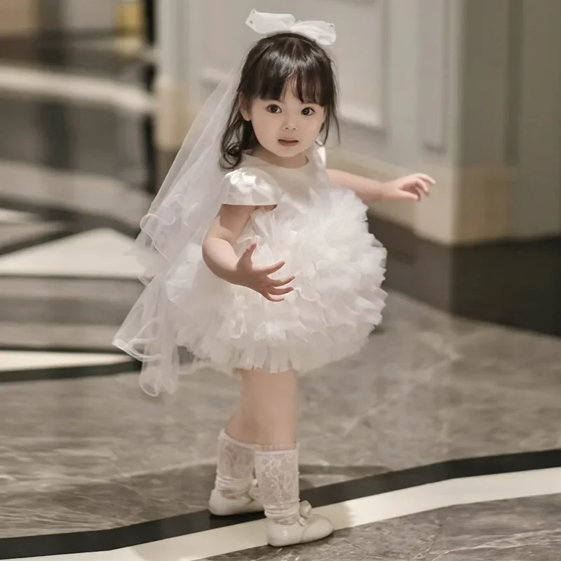 Baby Girls White First Birthday Dress Multi-layer Princess Gown Clothes Dresses for Hosting Elegant Tulle Tutu Party Eid Costume