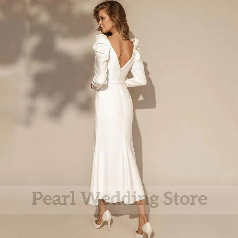 Vintage Square Collar Long Sleeve Wedding Dress with Belt Open Back Mermaid Mid-Calf Bridal Customized Civil Marriage Gowns