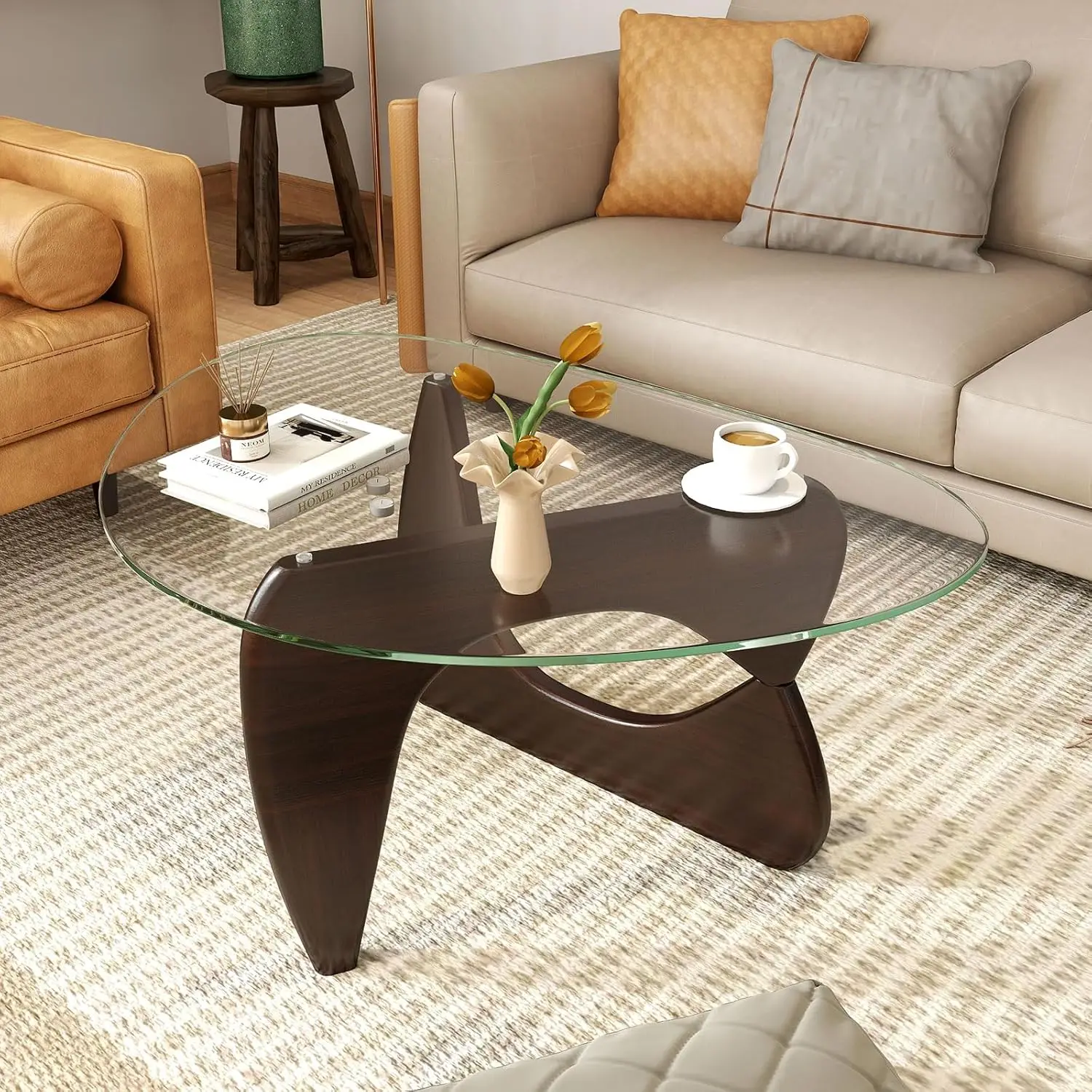 Mesa de Centro de Vidrio Triangular, Mesa de Centro Moderna de Mediados de Siglo con Tapa de Vidrio Templado y Base Ajustable de Madera de Caucho, Personalizable
