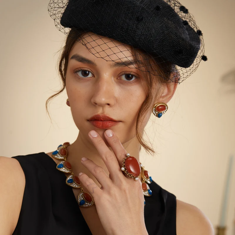 Vintage Alien Coral Red Stone Rings For Woman Luxury Pearls Art Deco Jewelry Girls Fashion Party Brand High Quality Gift New - view 2