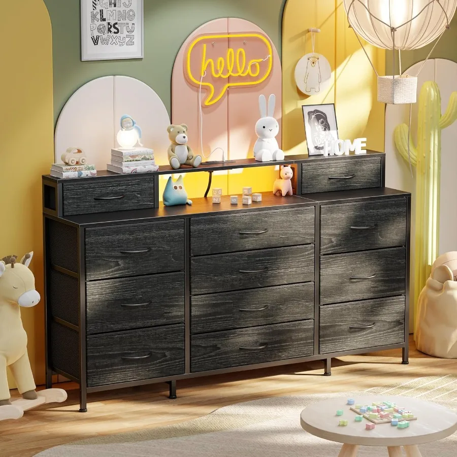 خزانة ملابس 63 واط لغرفة النوم مع أضواء LED ومنافذ طاقة سوداء كبيرة 12 درج تخزين طويل من القماش مع 2 She