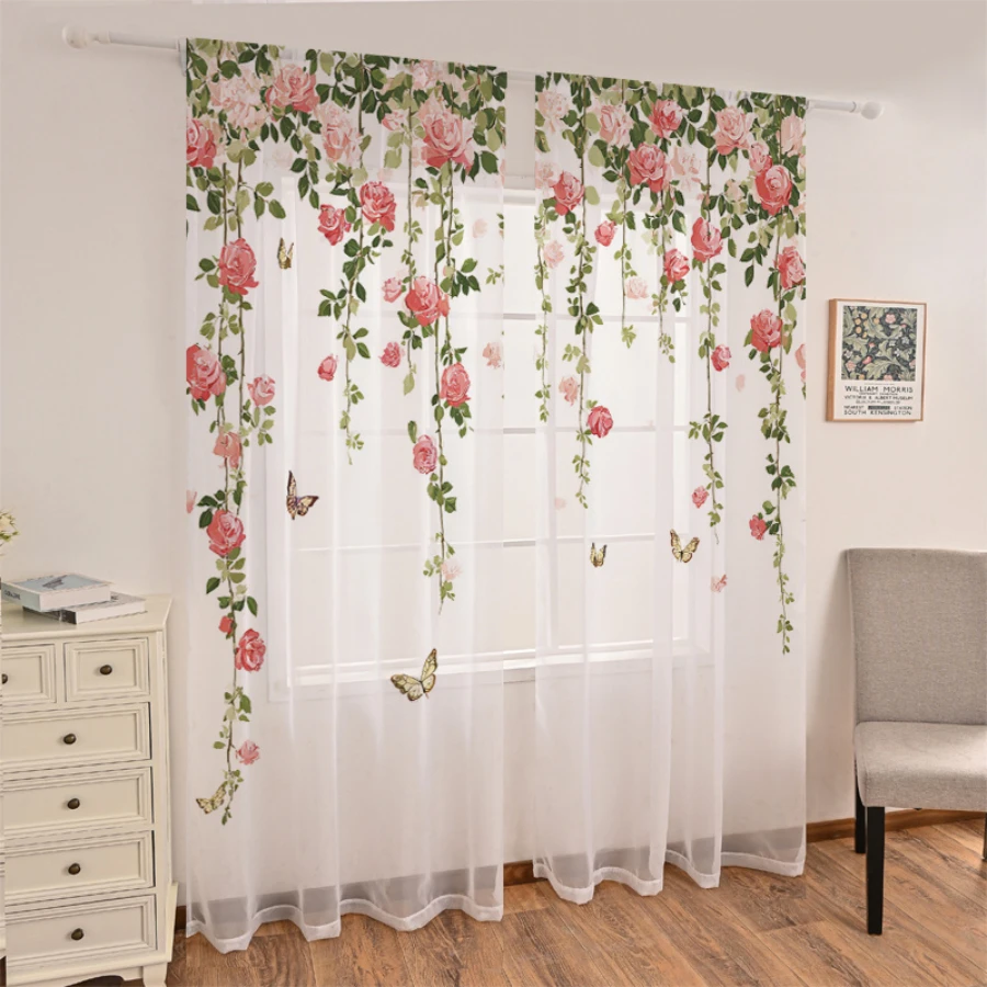 2PCS Digital Print Sheer Curtains, Flower Vine Butterfly, Botanical Garden Nature Style for Bedroom Living Room Home Decor