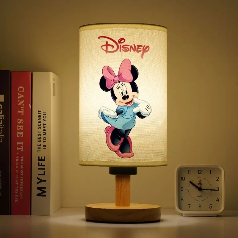 Lámpara de mesita de noche de Minnie de Disney para niña, decoración de tela, luz nocturna bonita de dibujos animados creativos, luz suave de madera maciza, regalo de vacaciones