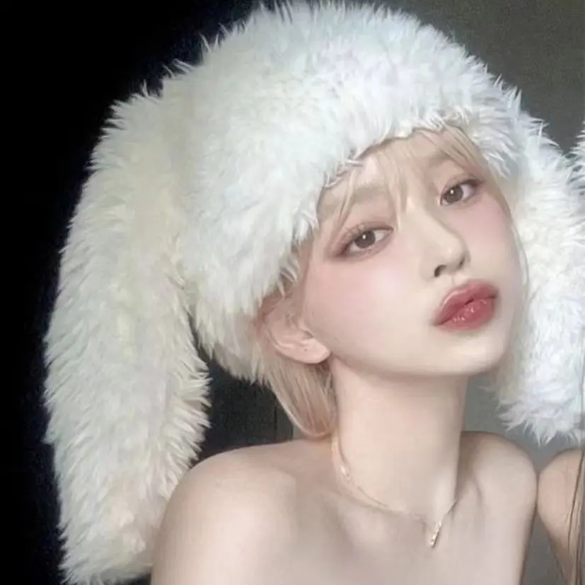 Y2k Kaninchen Ohren Plüsch Hüte Nette Mädchen Winter Beanie Pullover Kappe Frauen Lolita Verdickt Warme Lustige Party Fotografie Fleece Hüte – Detail 8