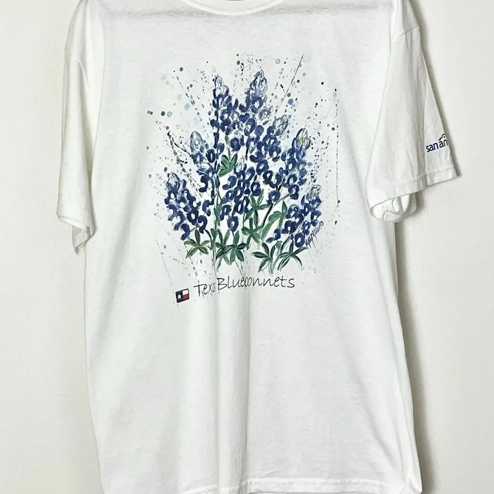 Texas Bluebonnet T Shirt Men s Large White San Antonio Americana Patriot vintage Washed Stretched Soft Unisex Slightly