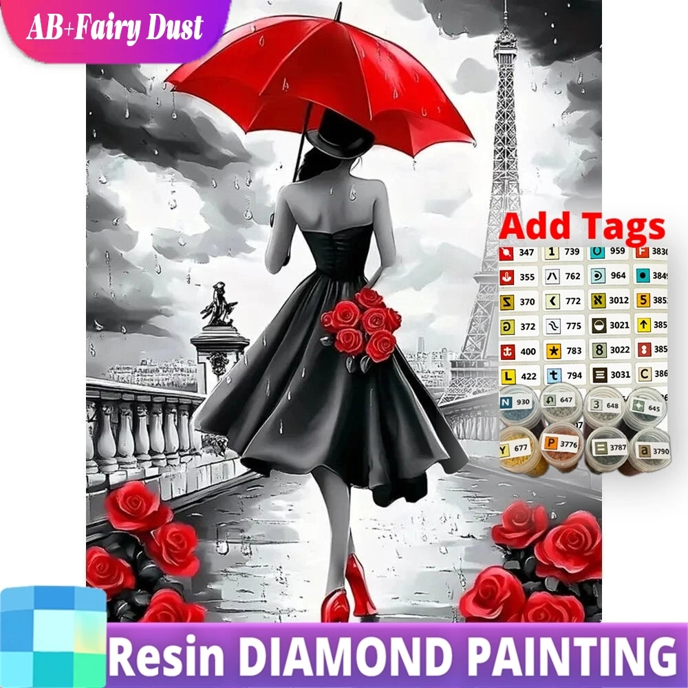

Resin AB Fairy Dust DIY Diamond Embroidery Woman Portrait Painting Black Red Picture Of Rhinestones Flower Tower Mosaic Street H