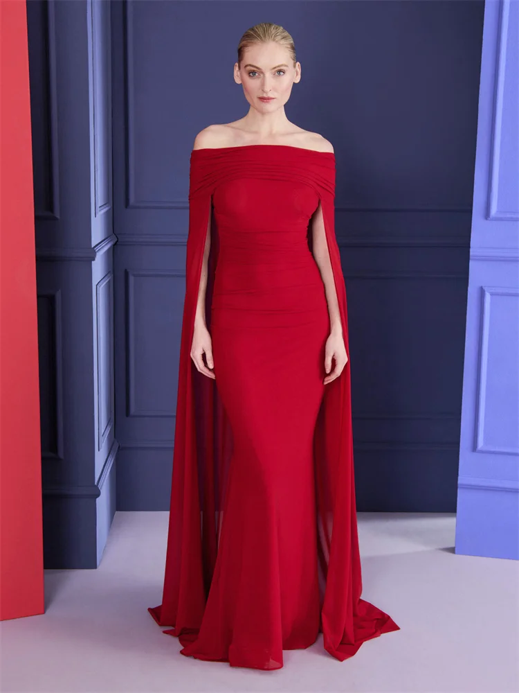 

Hot Selling Off Shoulder Neckline Long Cape Sleeves Trumpet Evening Dress Elegant Back Zipper Floor Length Gown For Women 2024