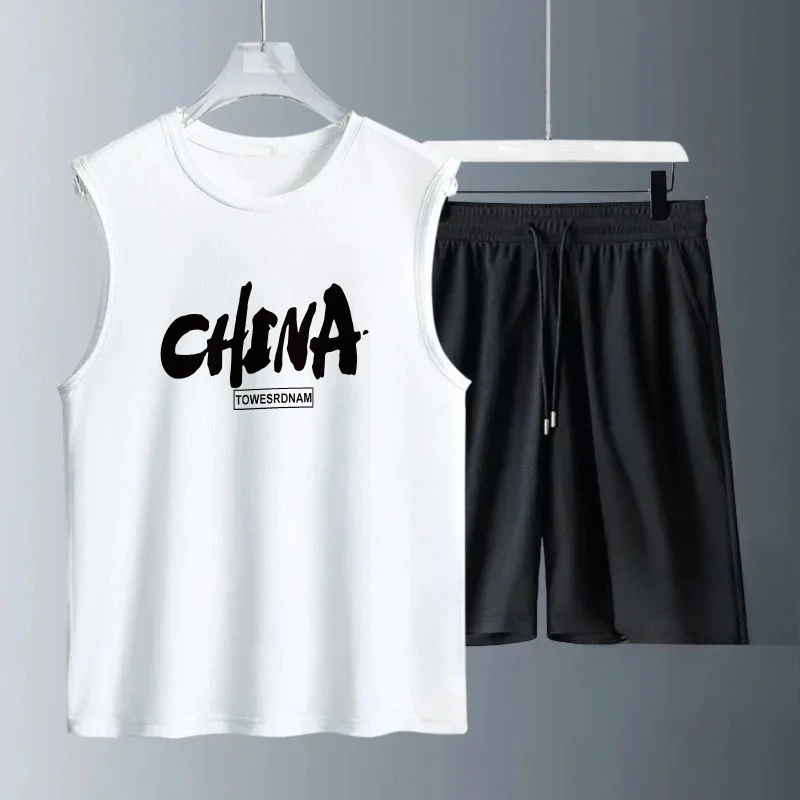 Men's Tank Top Sets 2026 Summer Quick drying seaside oversize outfits two piece Breathable sports  running 2 piece set beach