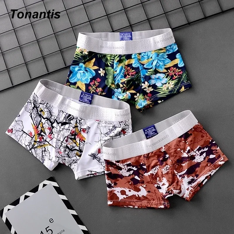 3Pcs/Set Trendy Printing Boxers & Briefs For Men Nylon Ice Silk Ultra-thin Boxer Shorts Korean Breathable Mesh Boxershorts XXXL